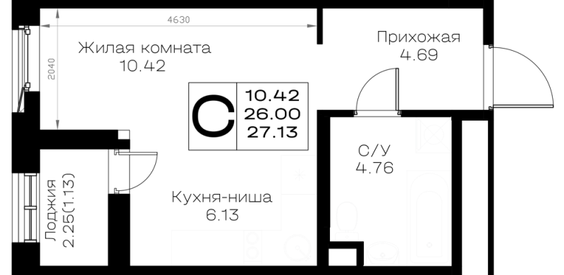 Квартира-студия, 27.13 м² в ЖК "Борский" - планировка, фото №1