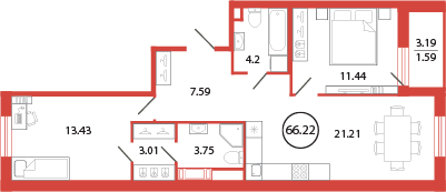 3-комнатная (Евро) квартира, 66.22 м² в ЖК "Энфилд" - планировка, фото №1