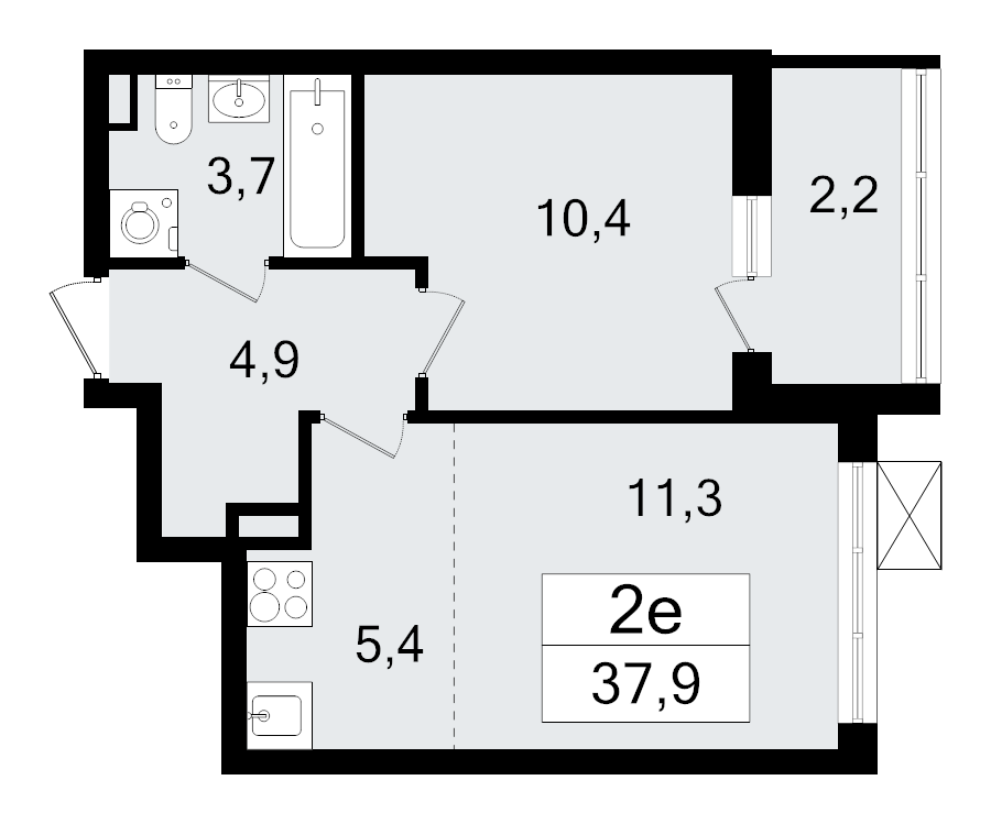 2-комнатная (Евро) квартира, 37.9 м² в ЖК "А101 Всеволожск" - планировка, фото №1