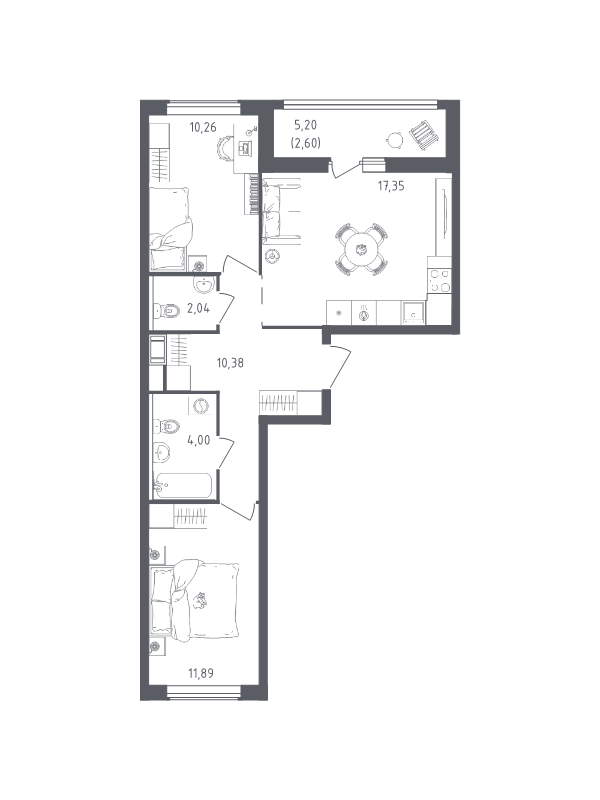 3-комнатная (Евро) квартира, 58.52 м² в ЖК "Южная Нева" - планировка, фото №1