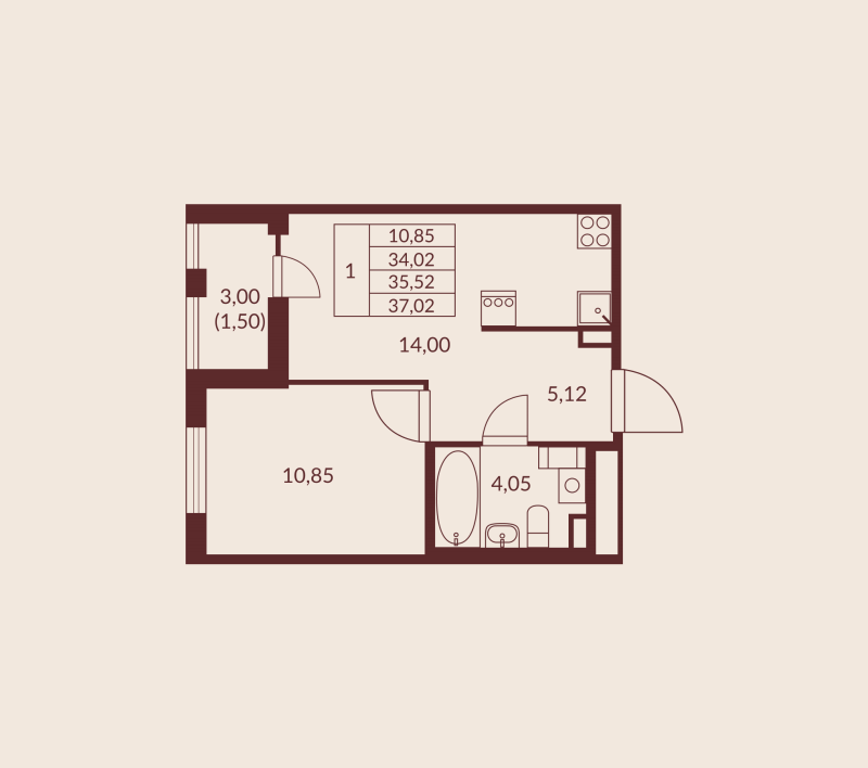 1-комнатная квартира, 35.52 м² в ЖК "Амурино" - планировка, фото №1