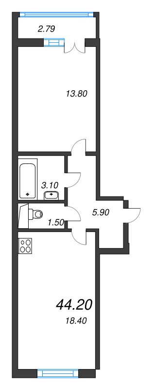 2-комнатная (Евро) квартира, 44 м² - планировка, фото №1