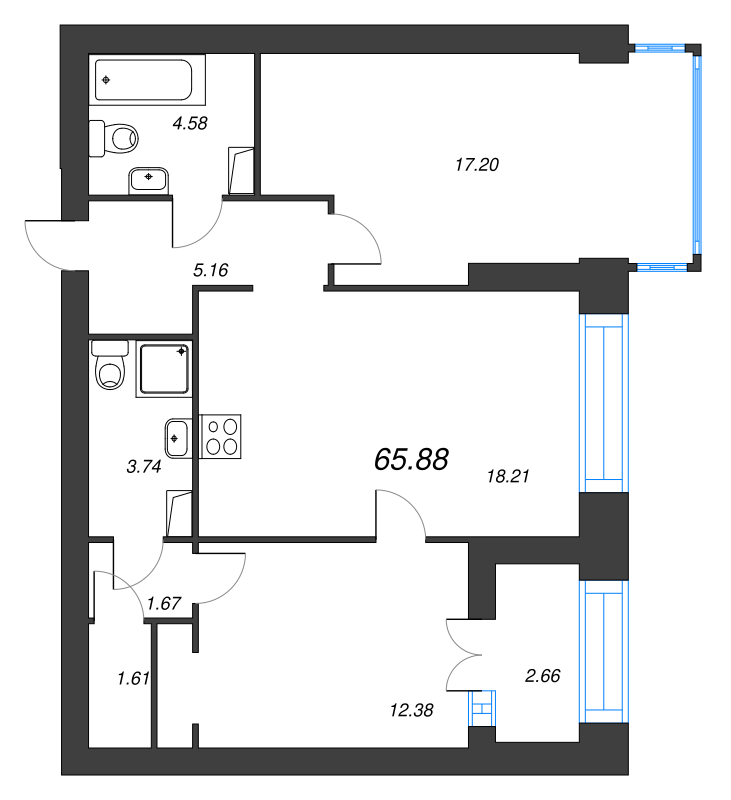 3-комнатная (Евро) квартира, 69 м² в ЖК "Наука" - планировка, фото №1