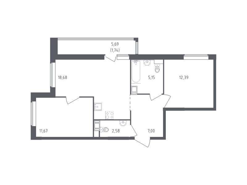 3-комнатная (Евро) квартира, 59.21 м² в ЖК "Южная Нева" - планировка, фото №1
