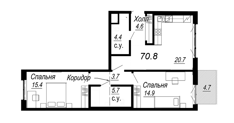 3-комнатная (Евро) квартира, 70.8 м² - планировка, фото №1