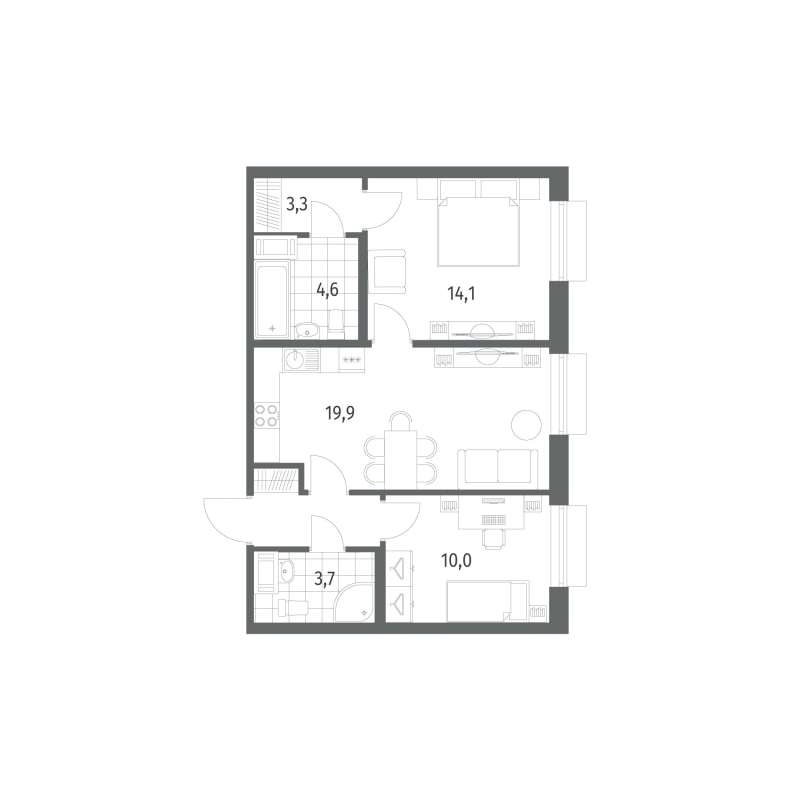 3-комнатная (Евро) квартира, 59.3 м² в ЖК "Парусная 1" - планировка, фото №1