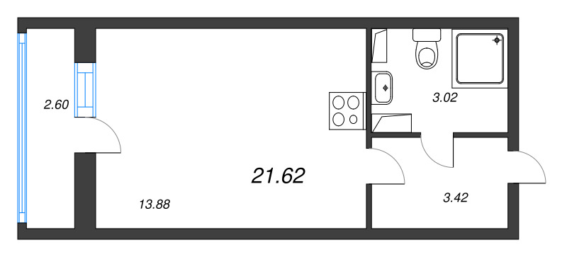 Квартира-студия, 21.62 м² - планировка, фото №1