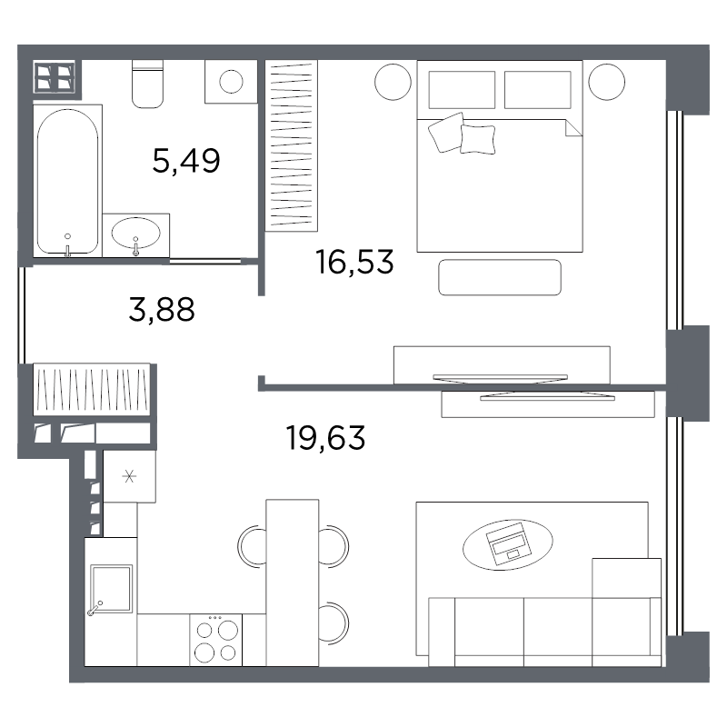 2-комнатная (Евро) квартира, 45.53 м² в ЖК "Акватория" - планировка, фото №1