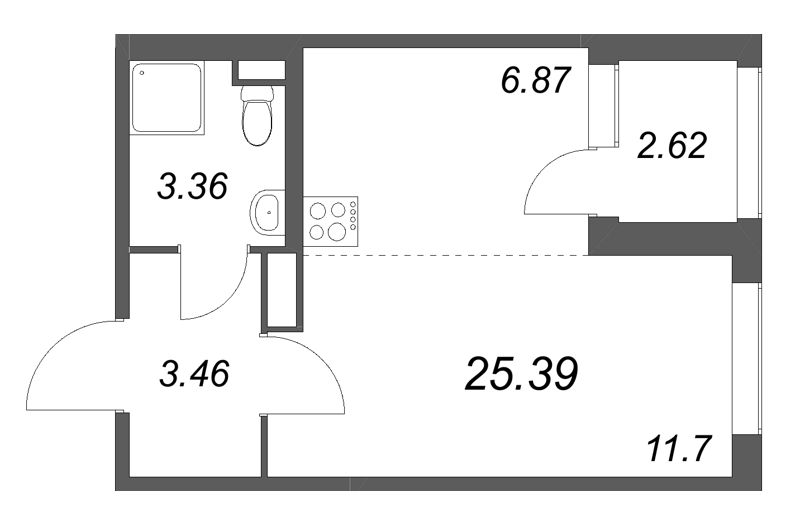 Квартира-студия, 25.39 м² в ЖК "Дубровский" - планировка, фото №1