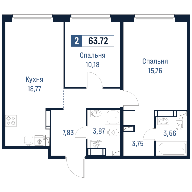 3-комнатная (Евро) квартира, 63.72 м² в ЖК "Максималист" - планировка, фото №1