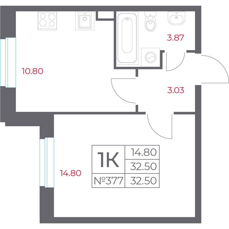 1-комнатная квартира, 32.5 м² - планировка, фото №1