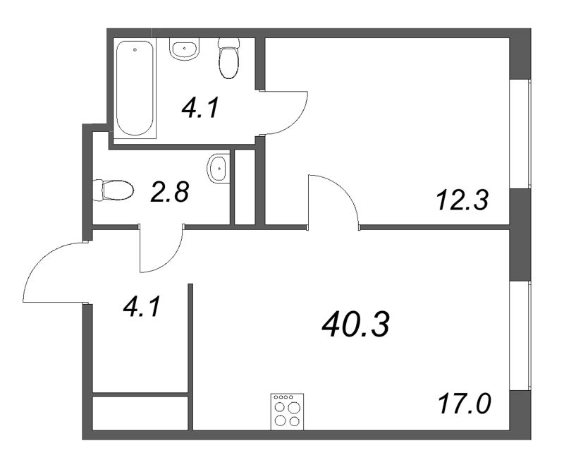 2-комнатная (Евро) квартира, 40.3 м² в ЖК "Передвижники" - планировка, фото №1