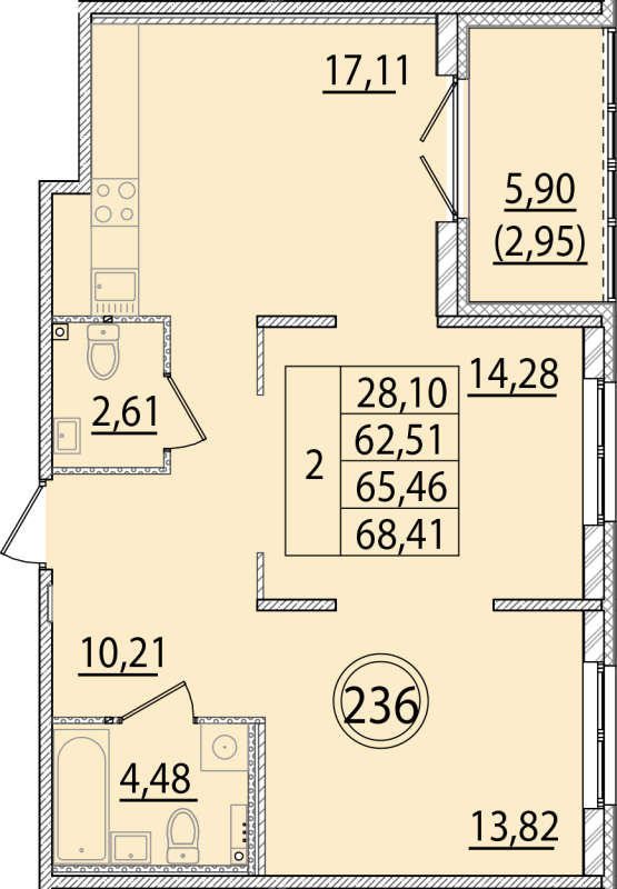 3-комнатная (Евро) квартира, 62.51 м² - планировка, фото №1