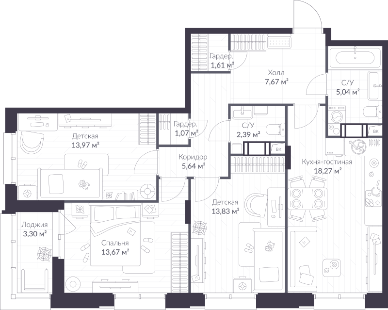 4-комнатная (Евро) квартира, 84.81 м² в ЖК "VEREN NORT сертолово" - планировка, фото №1