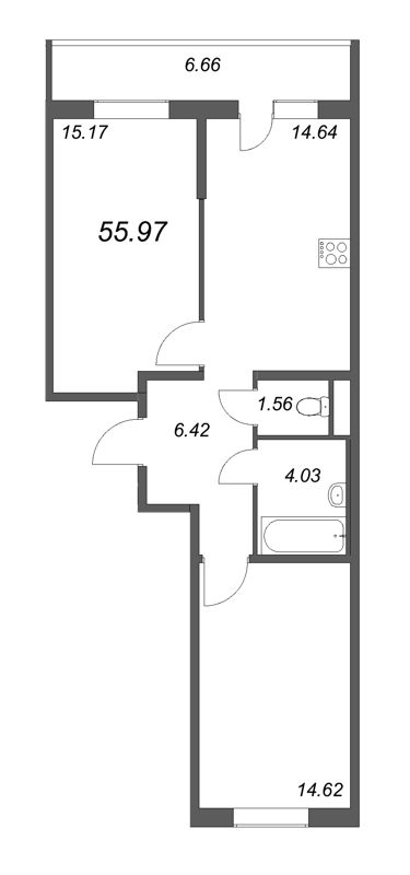 2-комнатная квартира, 55.97 м² - планировка, фото №1