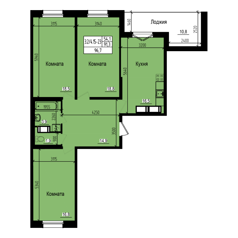 3-комнатная квартира, 96.7 м² - планировка, фото №1