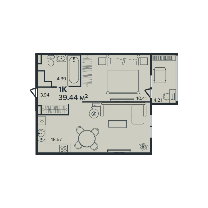 2-комнатная (Евро) квартира, 39.44 м² в ЖК "Эдельвейс Выборг" - планировка, фото №1