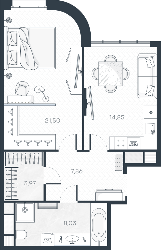 1-комнатная квартира, 56.21 м² в ЖК "MONODOM-ART" - планировка, фото №1