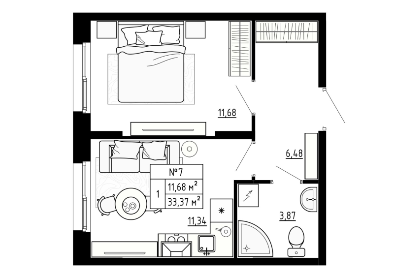 1-комнатная квартира, 33.37 м² - планировка, фото №1