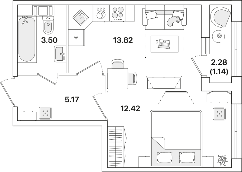 1-комнатная квартира, 36.05 м² - планировка, фото №1