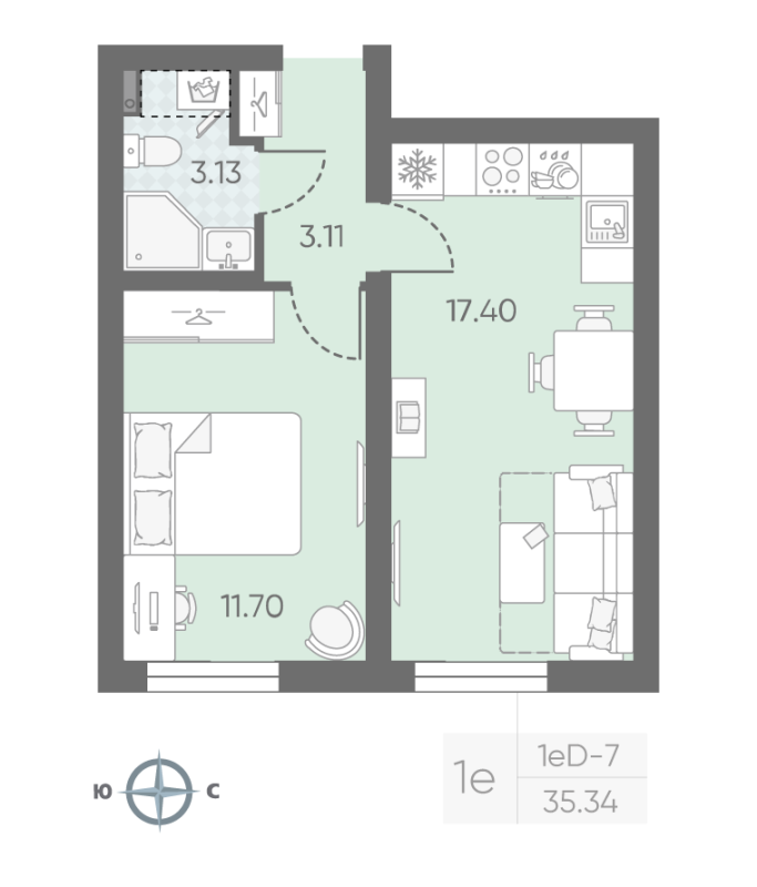 1-комнатная квартира, 35.34 м² в ЖК "Морская миля" - планировка, фото №1