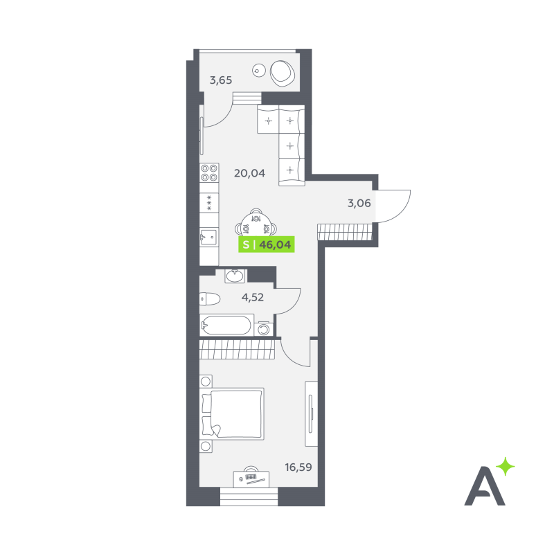 2-комнатная (Евро) квартира, 46.04 м² в ЖК "Аквилон РекаПарк" - планировка, фото №1