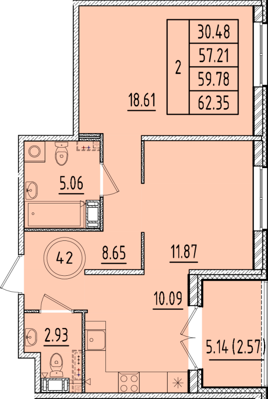 2-комнатная квартира, 57.21 м² - планировка, фото №1