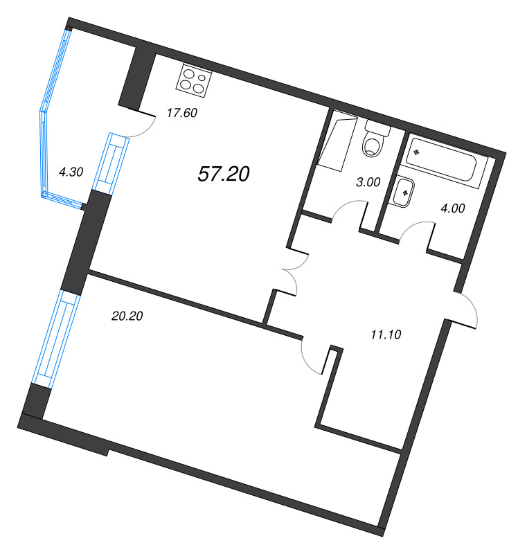 1-комнатная квартира, 57.2 м² - планировка, фото №1