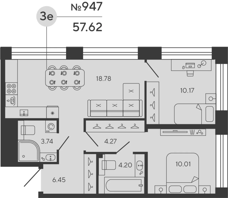 3-комнатная (Евро) квартира, 57.61 м² в ЖК "Bashni Element" - планировка, фото №1