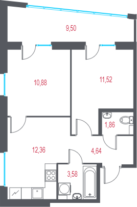 2-комнатная квартира, 47.69 м² в ЖК "Город-спутник Южный" - планировка, фото №1