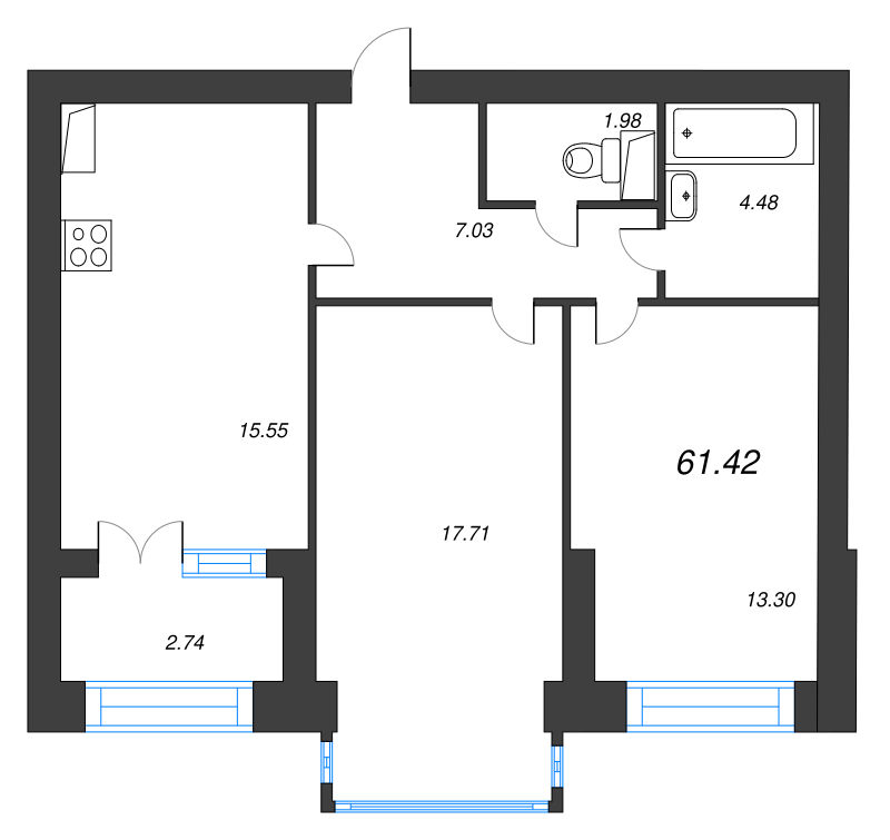 3-комнатная (Евро) квартира, 64.8 м² - планировка, фото №1