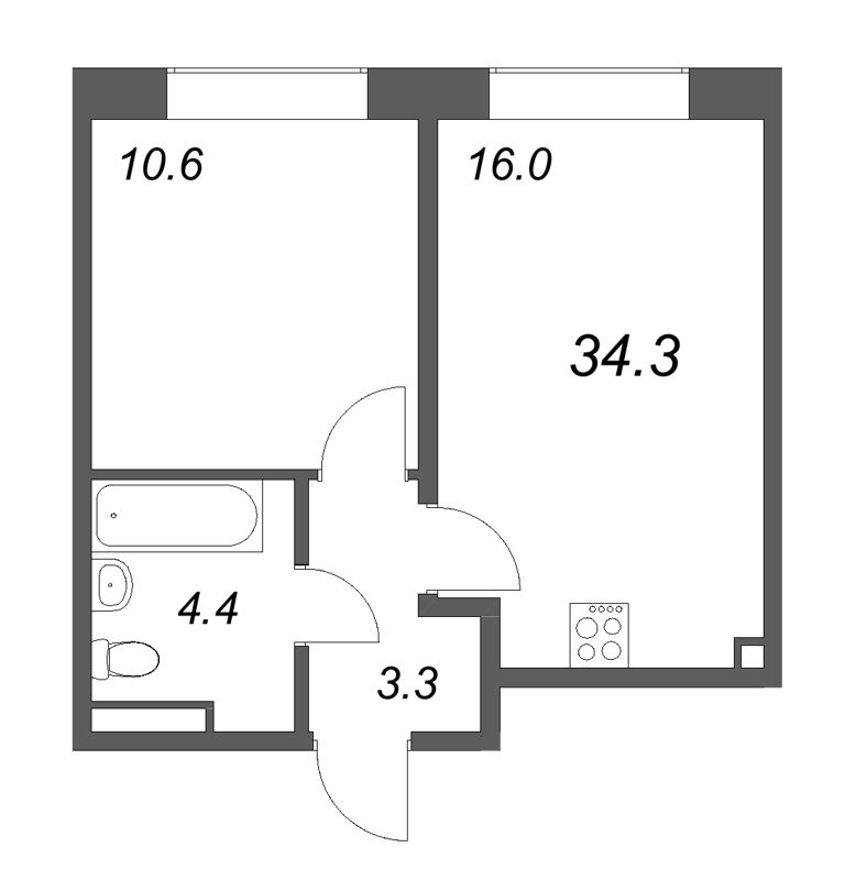 2-комнатная (Евро) квартира, 34.3 м² в ЖК "Пулково Лейк" - планировка, фото №1