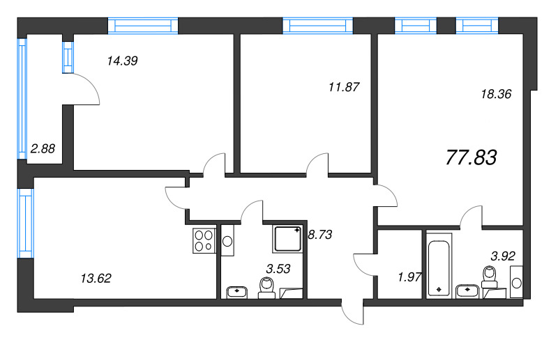 3-комнатная квартира, 77.83 м² в ЖК "Cube" - планировка, фото №1