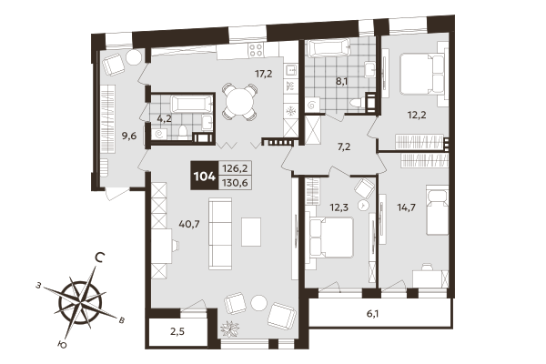 4-комнатная (Евро) квартира, 126.2 м² в ЖК "Дом на Бронницкой" - планировка, фото №1