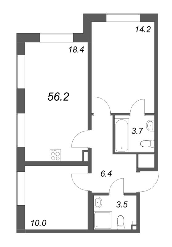 3-комнатная (Евро) квартира, 56.2 м² в ЖК "Пулково Lake" - планировка, фото №1