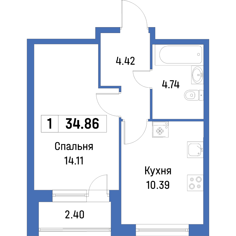 1-комнатная квартира, 34.86 м² - планировка, фото №1