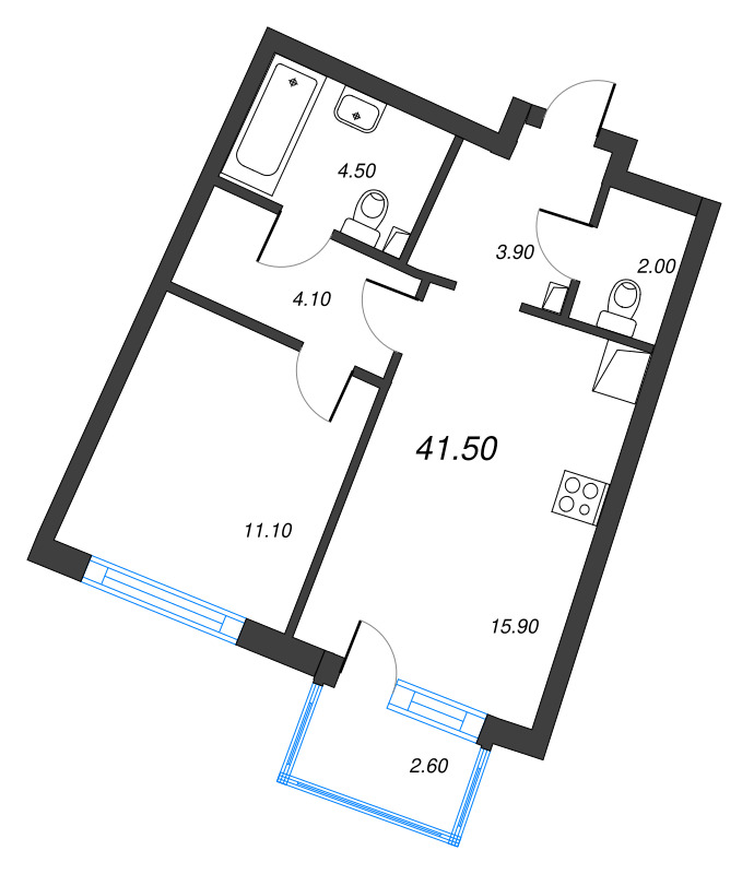 2-комнатная (Евро) квартира, 41.5 м² в ЖК "Цвет Зеленогорска" - планировка, фото №1