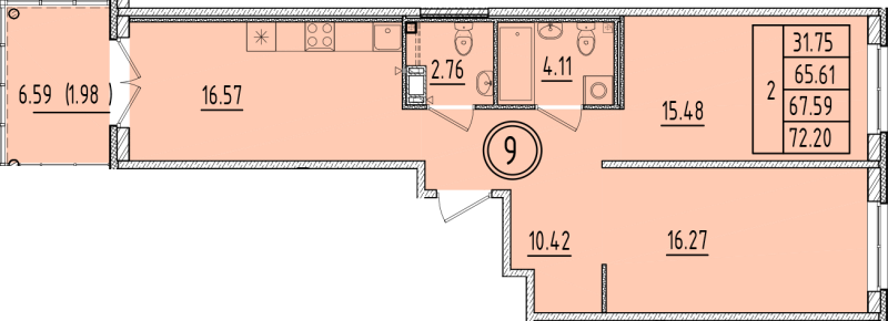 3-комнатная (Евро) квартира, 65.61 м² в ЖК "Образцовый квартал 6.4" - планировка, фото №1