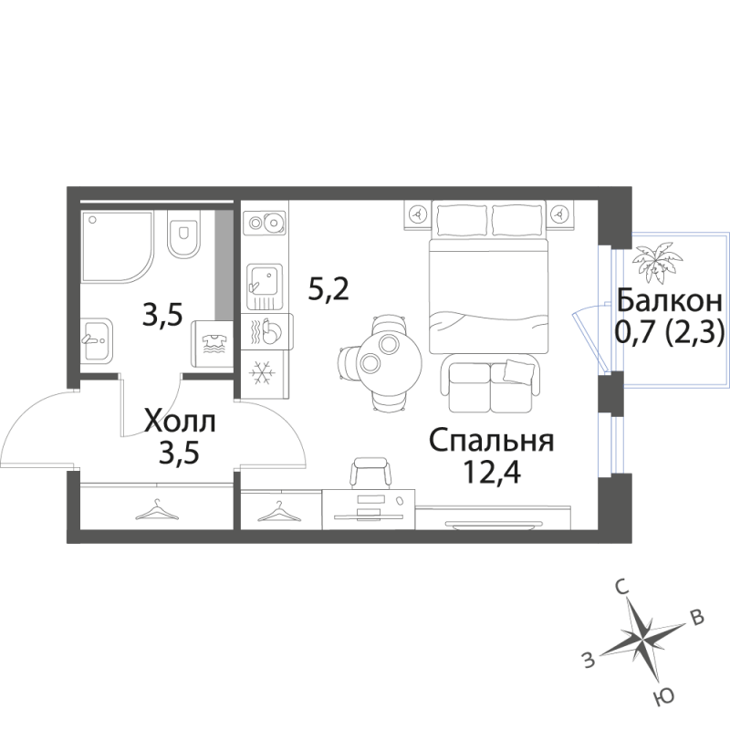 Квартира-студия, 25.3 м² в ЖК "Экография" - планировка, фото №1