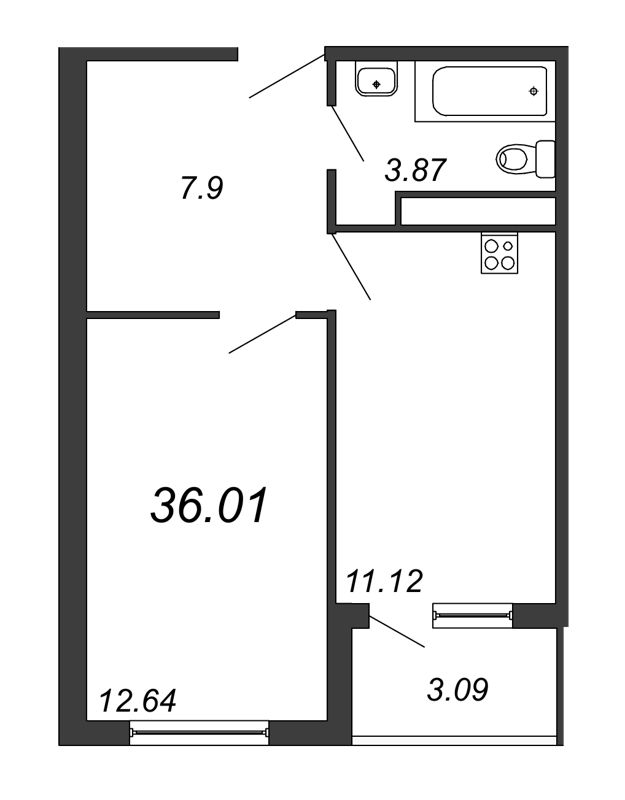 1-комнатная квартира, 36.46 м² - планировка, фото №1