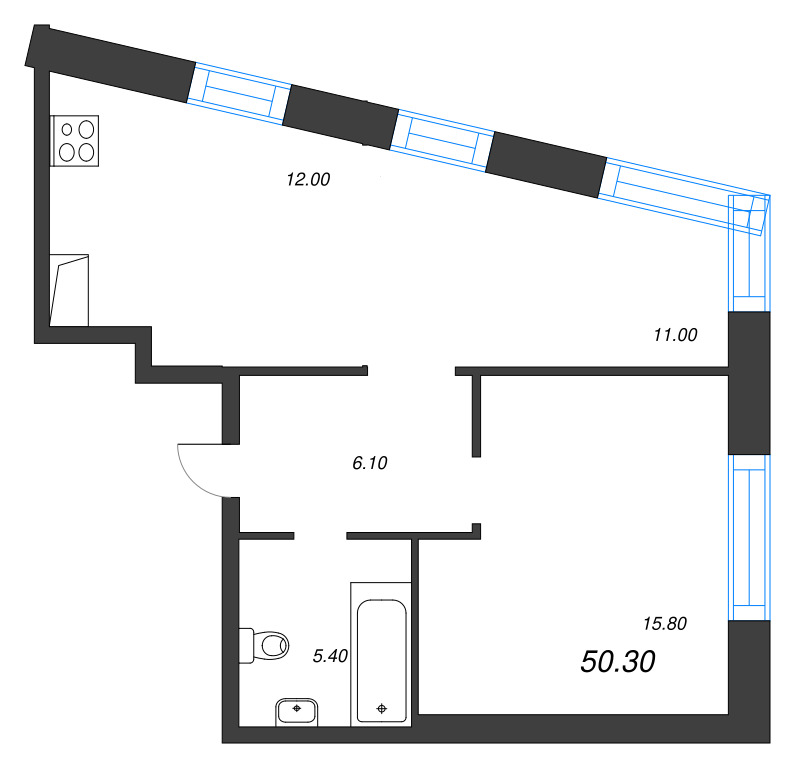 2-комнатная (Евро) квартира, 50.3 м² - планировка, фото №1