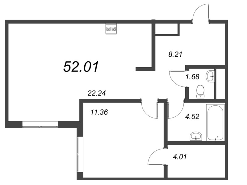2-комнатная (Евро) квартира, 54 м² - планировка, фото №1