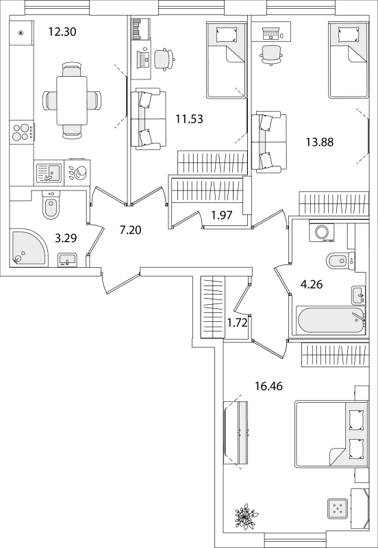 3-комнатная квартира, 72.61 м² - планировка, фото №1