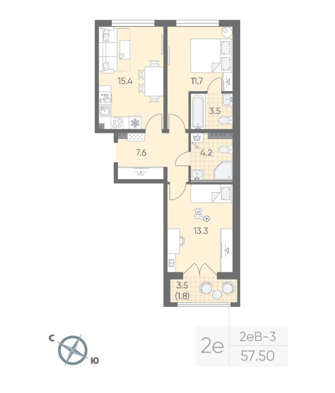 3-комнатная (Евро) квартира, 57.5 м² в ЖК "Пулково Lake" - планировка, фото №1