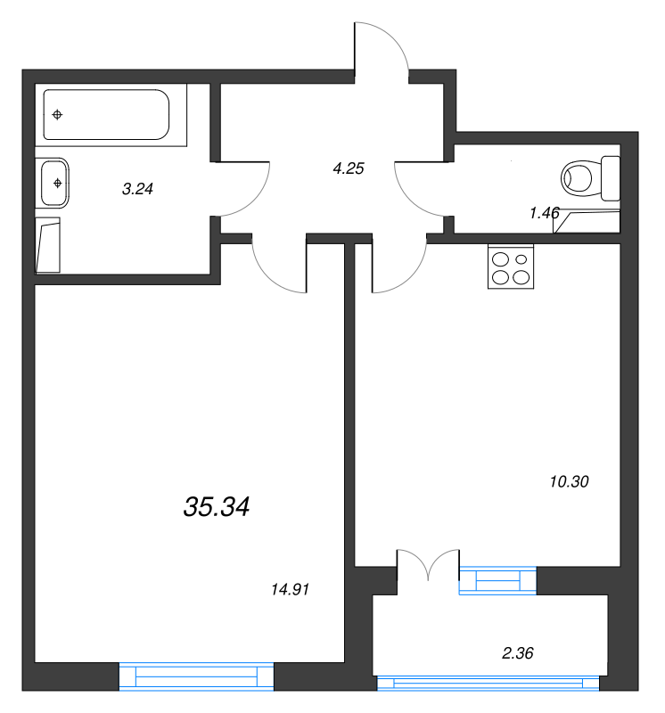 1-комнатная квартира, 35.34 м² - планировка, фото №1