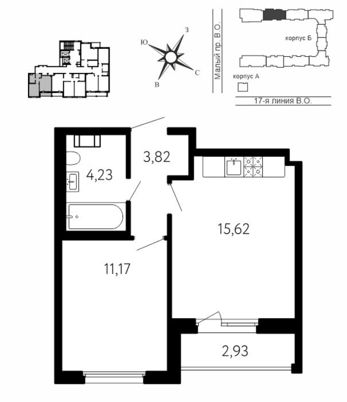 2-комнатная (Евро) квартира, 36.31 м² в ЖК "17-я линия" - планировка, фото №1