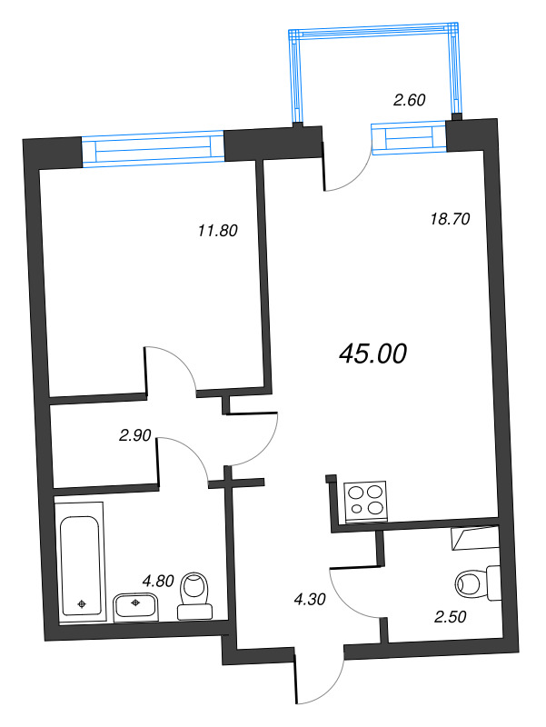 2-комнатная (Евро) квартира, 45 м² в ЖК "Цвет Зеленогорска" - планировка, фото №1