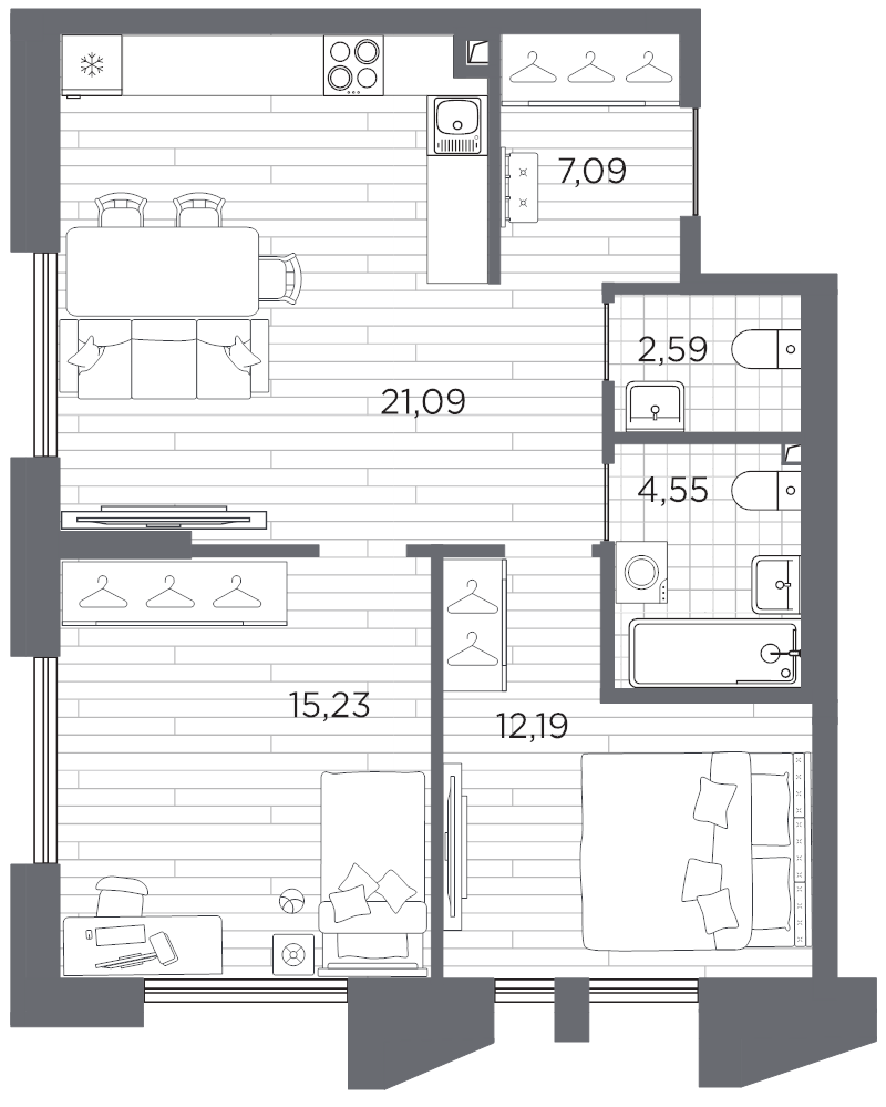 3-комнатная (Евро) квартира, 62.74 м² в ЖК "Галерная гавань" - планировка, фото №1