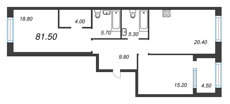 3-комнатная (Евро) квартира, 81.5 м² - планировка, фото №1