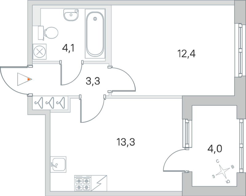 2-комнатная (Евро) квартира, 33.1 м² в ЖК "ЮгТаун" - планировка, фото №1
